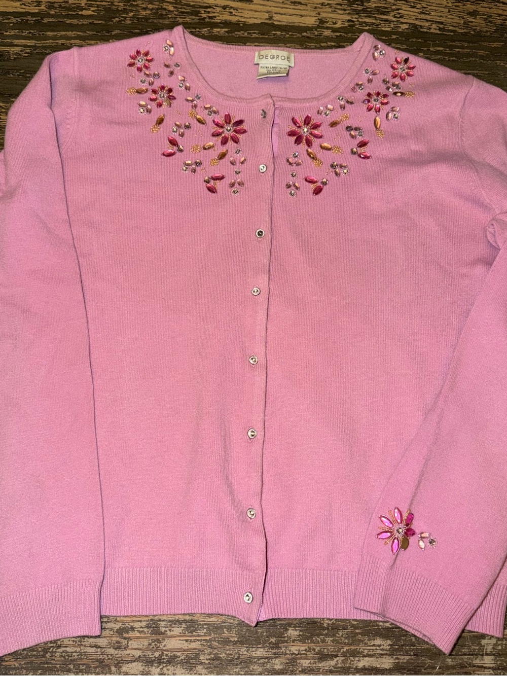 George Pink Beaded Floral Cardigan Sweater Rhinestone Grandmacore Coquette XL